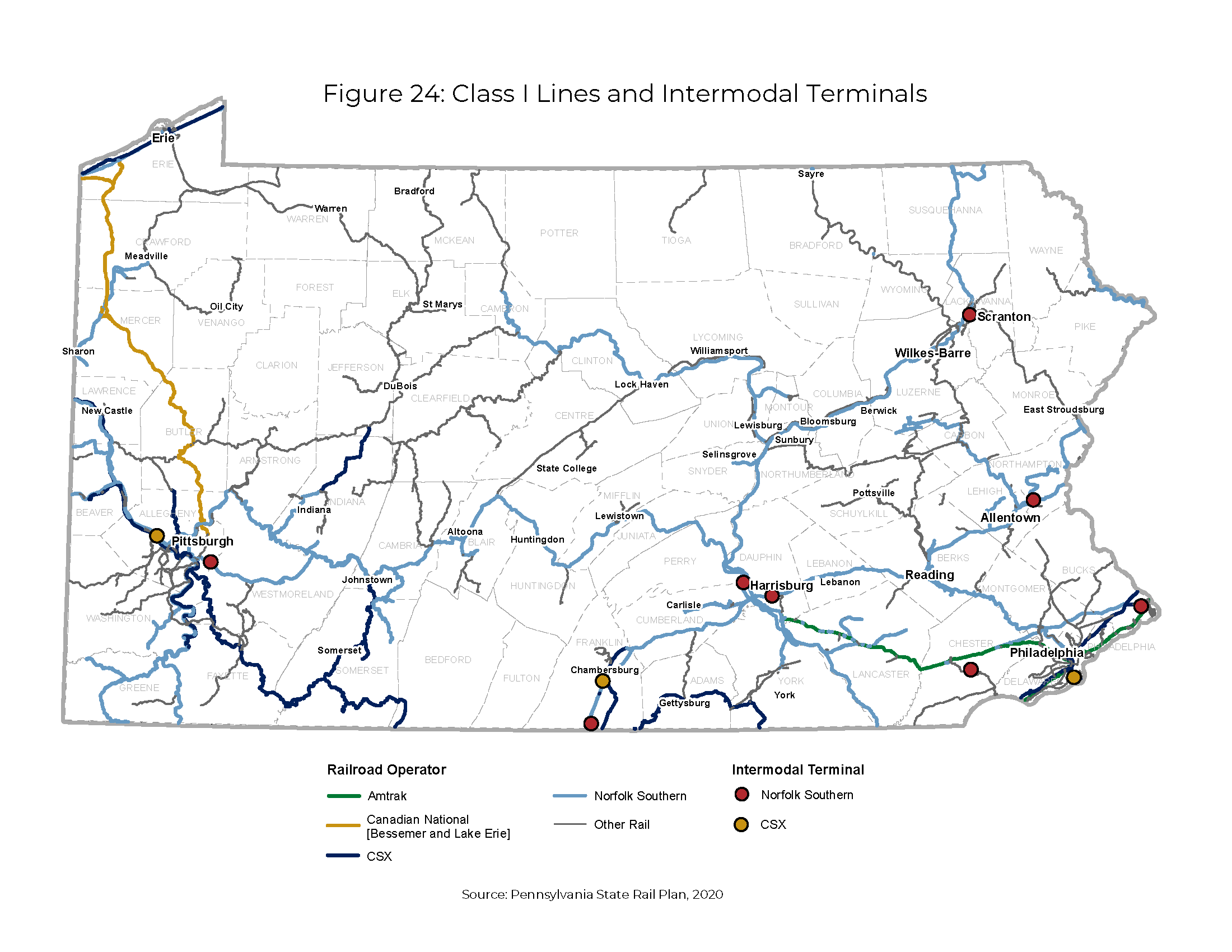 Pennsylvania state map illustrating the Class 1 lines of railroad operators Amtrak, Canadian National (Bessemer and Lake Erie), CSX, Norfolk Southern, and other rails, as well as the Intermodal terminals of Norfolk Southern and CSX.